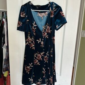 Floral Velvet 90s style Midi Dress - Deep Blue Gree and Pink, mini, puff sleeves